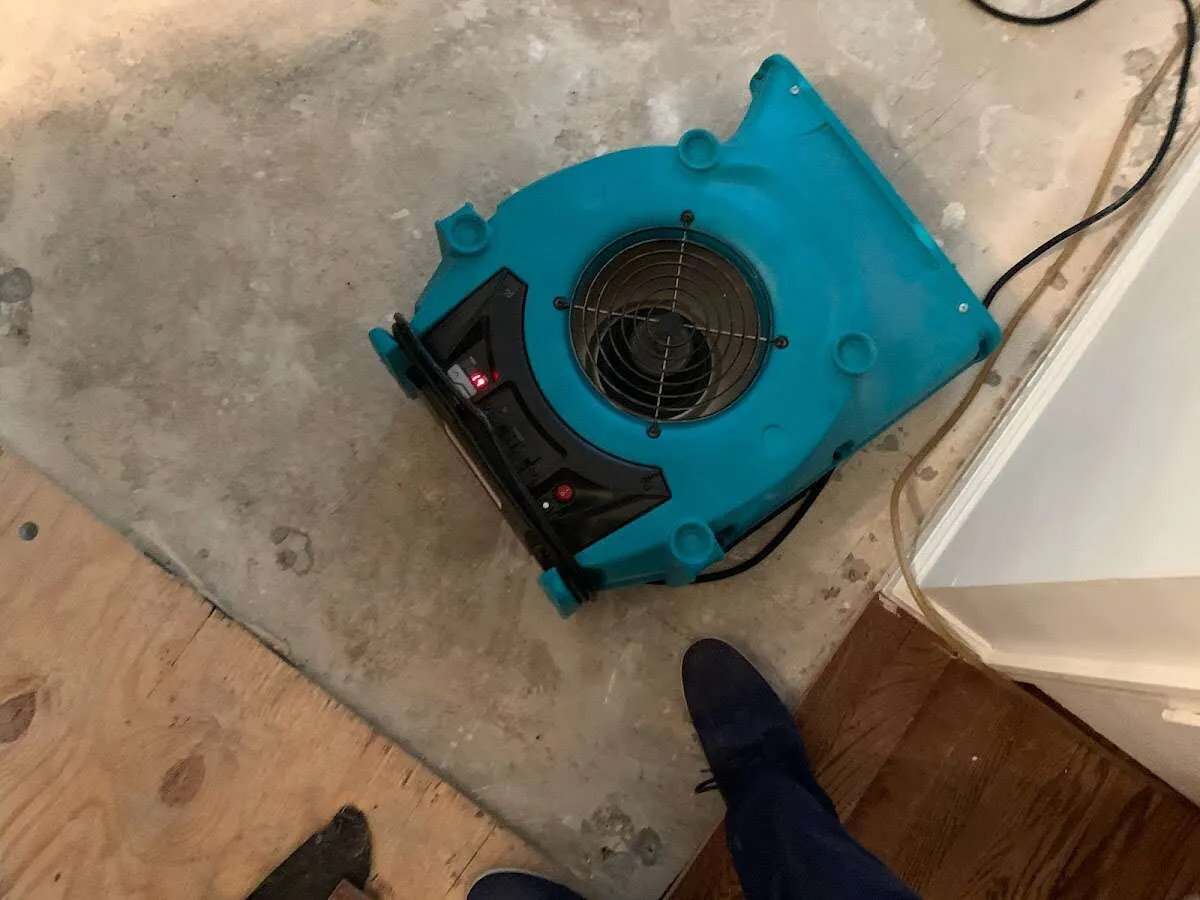 Air mover drying subfloor during Leak Detection & Repair in Dover